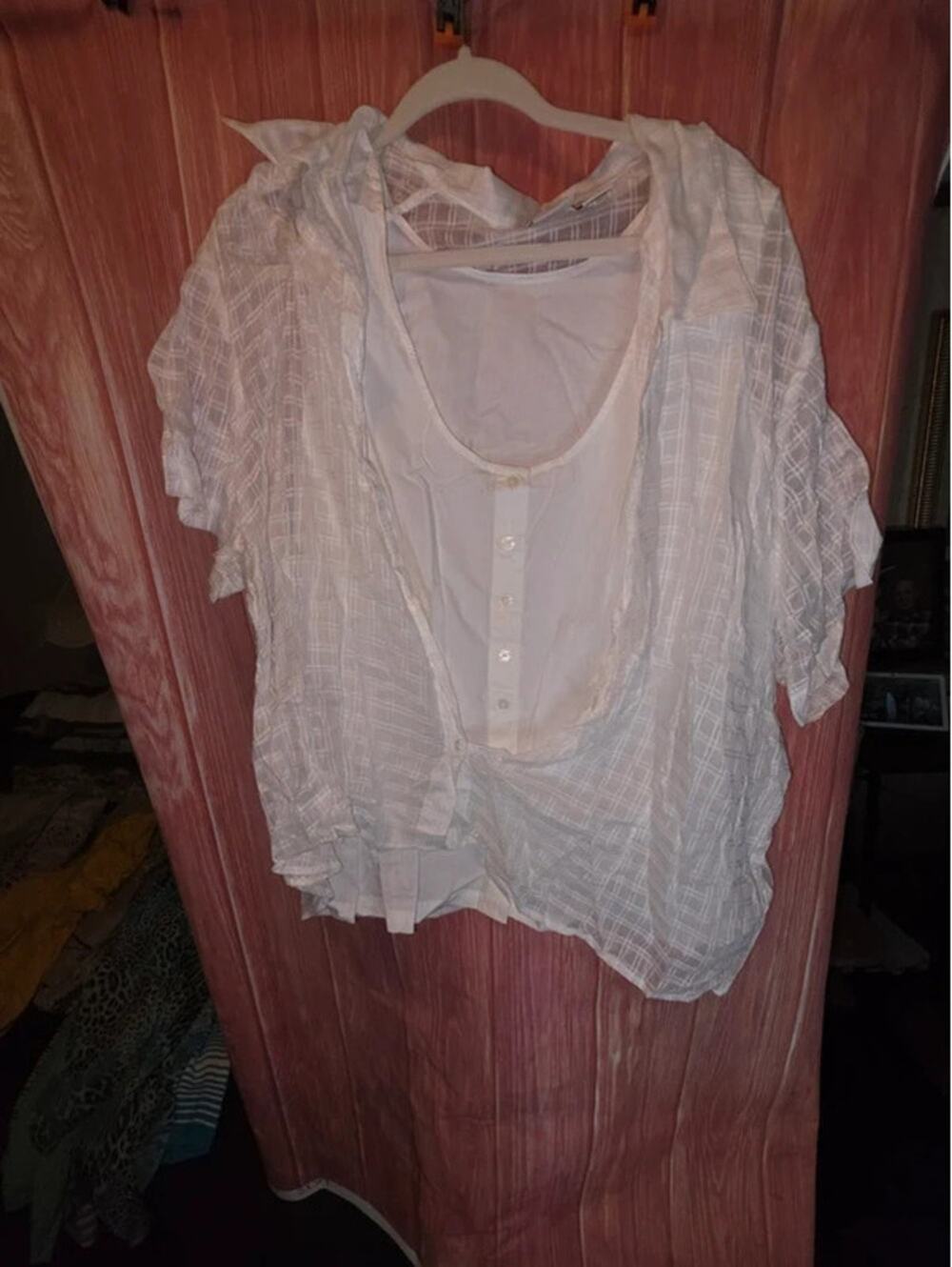 Carolina Colours Plus White Sheer Plaid Layered 2-in-1 Button Top 26W Cotton